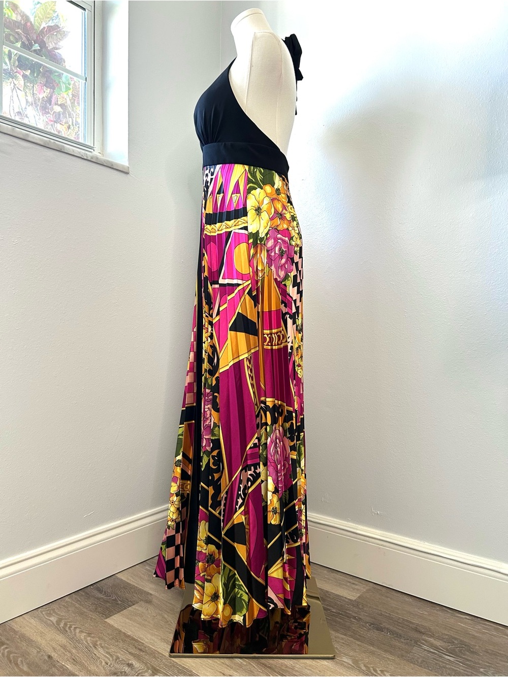 Cache Vintage Y2K Black Pink Satin Pleated Scarf Print Halter Maxi Dress Small - Picture 5 of 8
